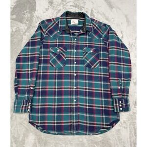 Vintage Saddle King Pearl Snap Western Shirt Mens XL 100% Cotton Teal Blue Heavy